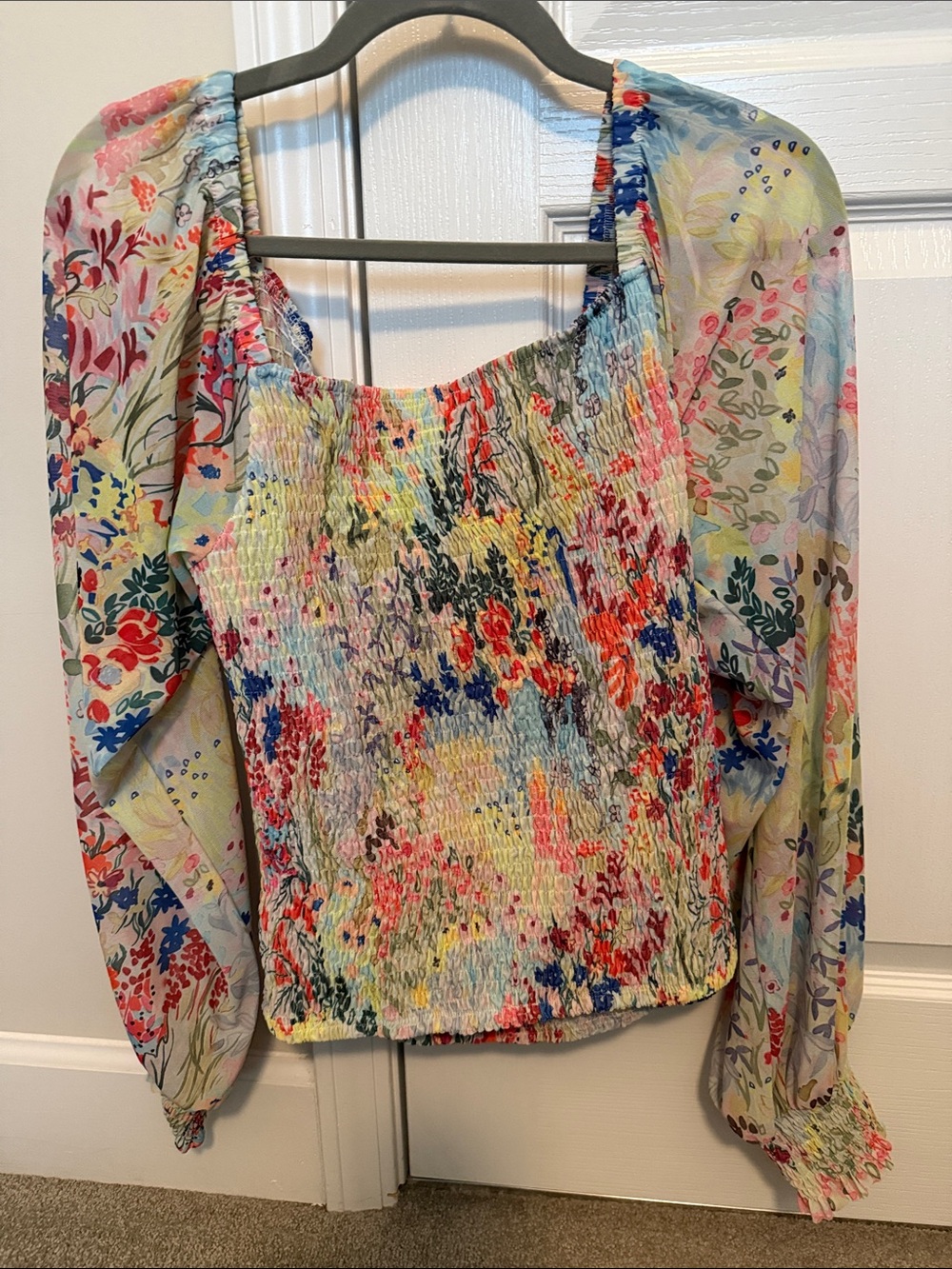 Anthropologie Multicolor Floral Smocked Square-Neck Blouse